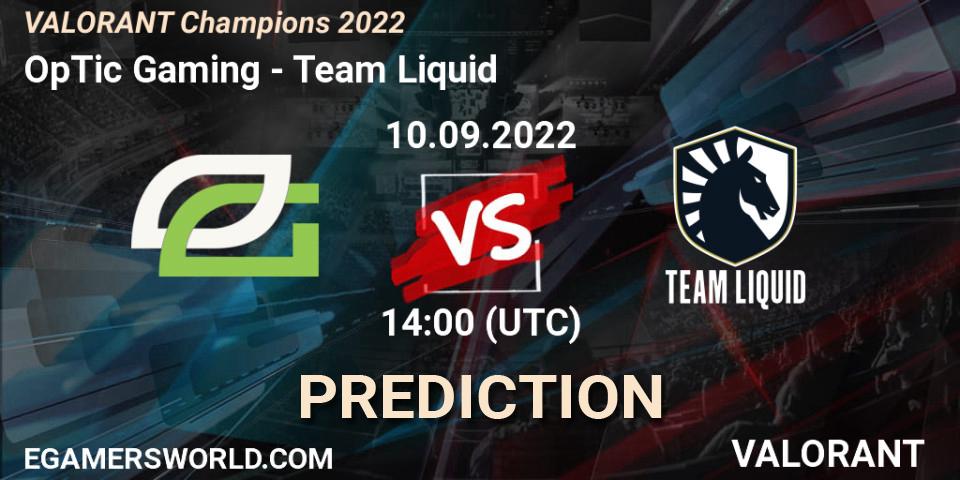 Prognose für das Spiel OpTic Gaming VS Team Liquid. 10.09.2022 at 14:15. VALORANT - VALORANT Champions 2022
