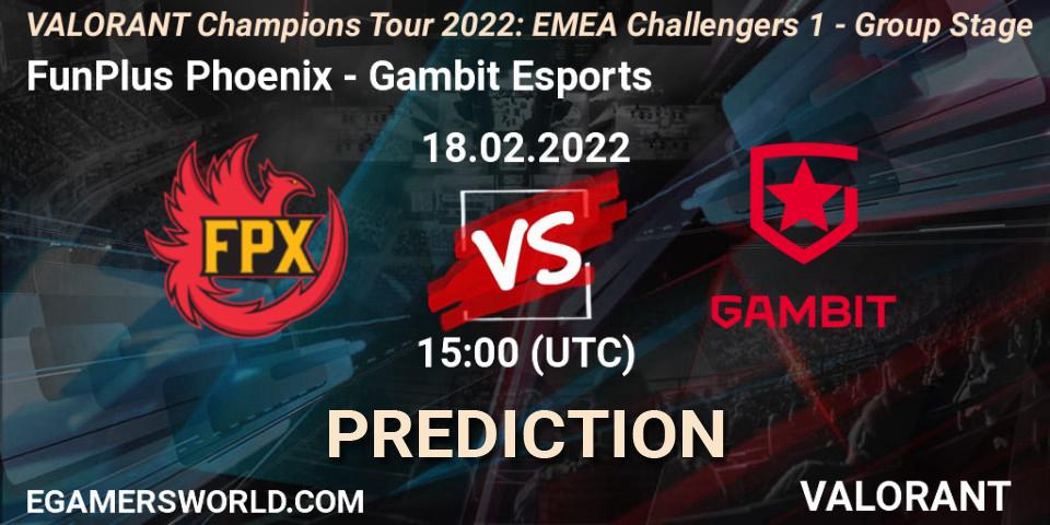 Prognose für das Spiel FunPlus Phoenix VS Gambit Esports. 18.02.2022 at 15:00. VALORANT - VCT 2022: EMEA Challengers 1 - Group Stage