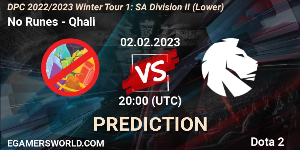Prognose für das Spiel No Runes VS Qhali. 02.02.23. Dota 2 - DPC 2022/2023 Winter Tour 1: SA Division II (Lower)