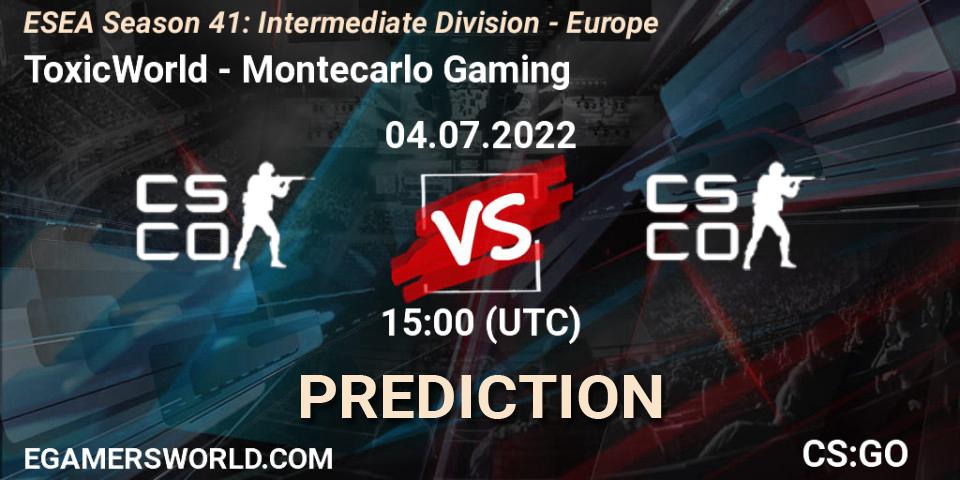 Prognose für das Spiel ToxicWorld VS Montecarlo Gaming. 04.07.2022 at 15:00. Counter-Strike (CS2) - ESEA Season 41: Intermediate Division - Europe