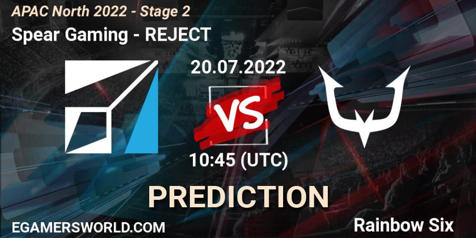 Prognose für das Spiel Spear Gaming VS REJECT. 20.07.2022 at 10:45. Rainbow Six - APAC North 2022 - Stage 2