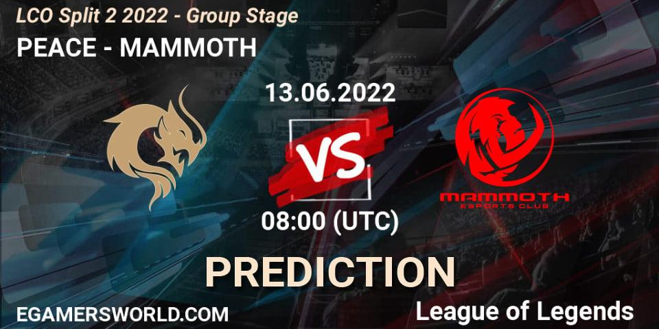 Prognose für das Spiel PEACE VS MAMMOTH. 13.06.2022 at 08:00. LoL - LCO Split 2 2022 - Group Stage