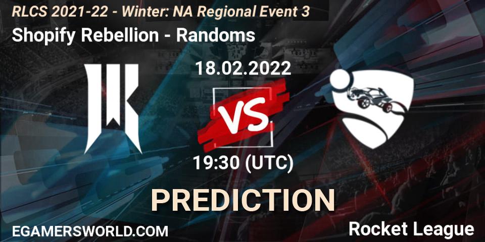 Prognose für das Spiel Shopify Rebellion VS Randoms. 18.02.2022 at 19:30. Rocket League - RLCS 2021-22 - Winter: NA Regional Event 3
