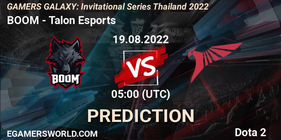 Prognose für das Spiel BOOM VS Talon Esports. 19.08.2022 at 05:45. Dota 2 - GAMERS GALAXY: Invitational Series Thailand 2022