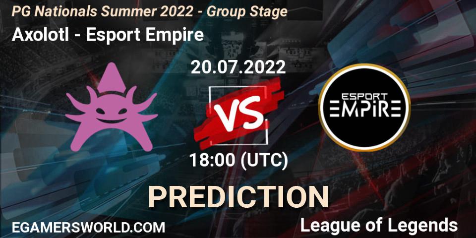 Prognose für das Spiel Axolotl VS Esport Empire. 20.07.2022 at 18:00. LoL - PG Nationals Summer 2022 - Group Stage