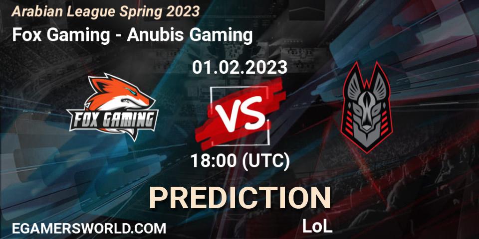 Prognose für das Spiel Fox Gaming VS Anubis Gaming. 01.02.23. LoL - Arabian League Spring 2023