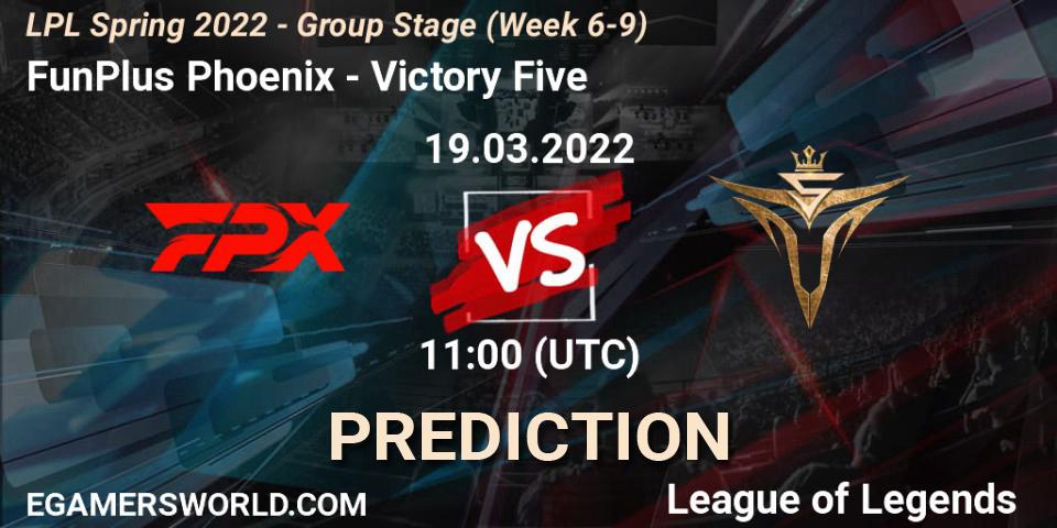 Prognose für das Spiel FunPlus Phoenix VS Victory Five. 19.03.2022 at 11:00. LoL - LPL Spring 2022 - Group Stage (Week 6-9)