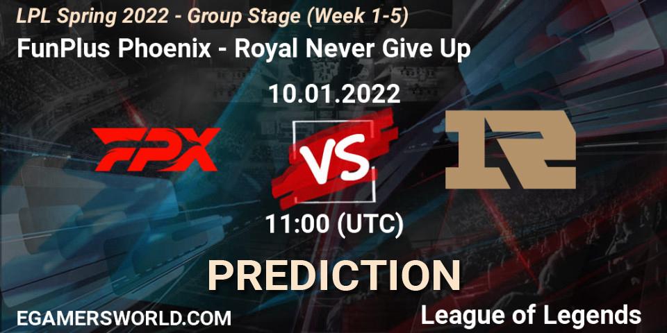 Prognose für das Spiel FunPlus Phoenix VS Royal Never Give Up. 10.01.22. LoL - LPL Spring 2022 - Group Stage (Week 1-5)