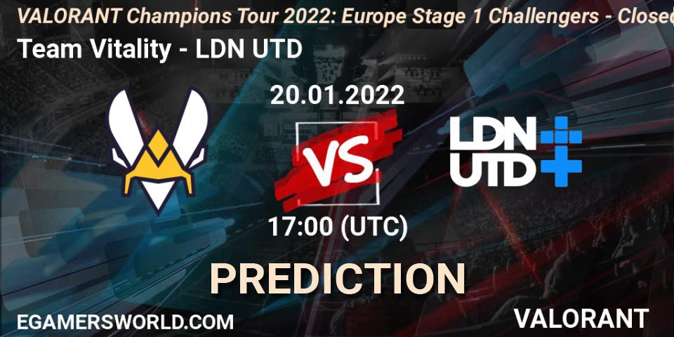Prognose für das Spiel Team Vitality VS LDN UTD. 20.01.2022 at 17:00. VALORANT - VCT 2022: Europe Stage 1 Challengers - Closed Qualifier 2