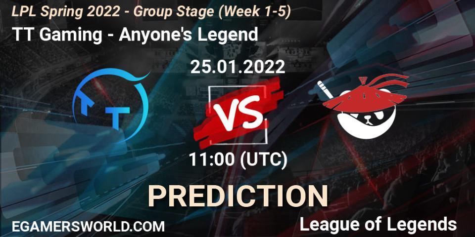 Prognose für das Spiel TT Gaming VS Anyone's Legend. 25.01.22. LoL - LPL Spring 2022 - Group Stage (Week 1-5)