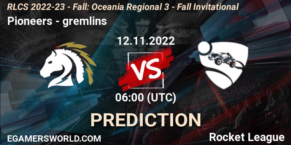 Prognose für das Spiel Pioneers VS gremlins. 12.11.2022 at 06:00. Rocket League - RLCS 2022-23 - Fall: Oceania Regional 3 - Fall Invitational