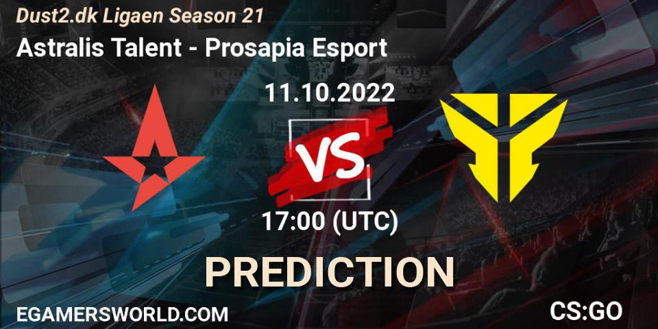 Prognose für das Spiel Astralis Talent VS Prosapia Esport. 11.10.2022 at 17:00. Counter-Strike (CS2) - Dust2.dk Ligaen Season 21