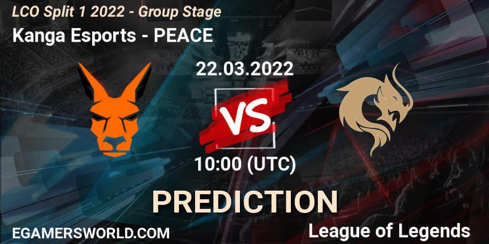 Prognose für das Spiel Kanga Esports VS PEACE. 22.03.2022 at 10:00. LoL - LCO Split 1 2022 - Group Stage 