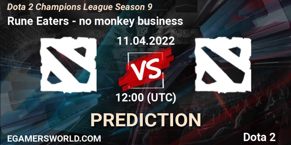 Prognose für das Spiel Rune Eaters VS no monkey business. 11.04.2022 at 12:00. Dota 2 - Dota 2 Champions League Season 9