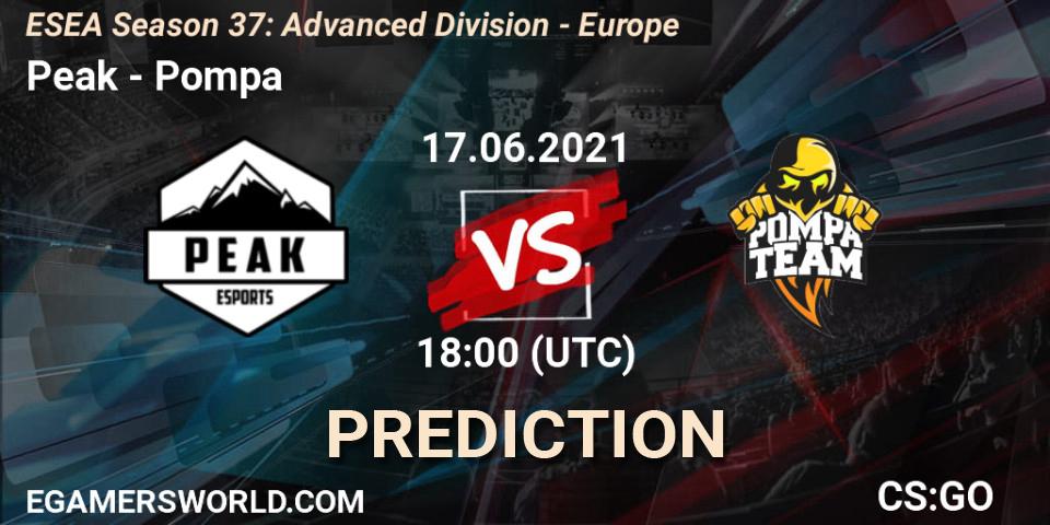 Prognose für das Spiel Peak VS Pompa. 17.06.2021 at 18:00. Counter-Strike (CS2) - ESEA Season 37: Advanced Division - Europe