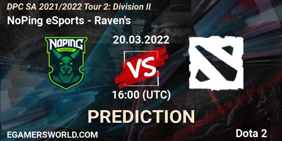 Prognose für das Spiel NoPing eSports VS Raven's. 20.03.2022 at 16:01. Dota 2 - DPC 2021/2022 Tour 2: SA Division II (Lower)