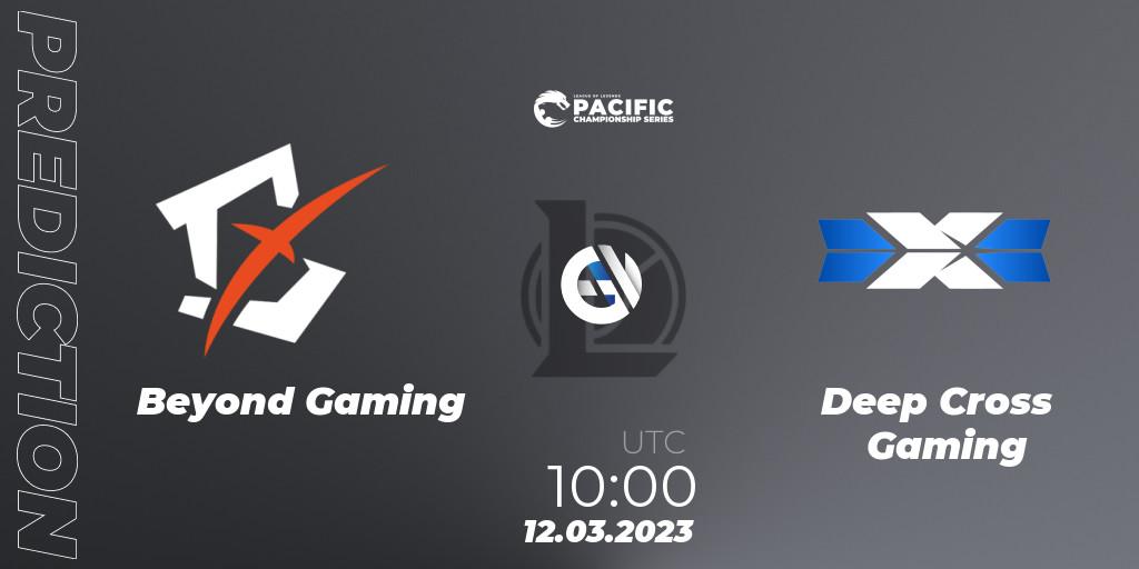 Prognose für das Spiel Beyond Gaming VS Deep Cross Gaming. 12.03.2023 at 10:00. LoL - PCS Spring 2023 - Group Stage