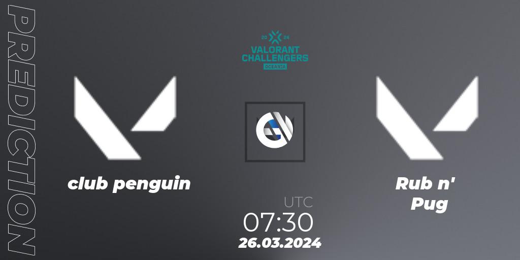 Prognose für das Spiel club penguin VS Rub n' Pug. 26.03.2024 at 07:30. VALORANT - VALORANT Challengers 2024 Oceania: Split 1