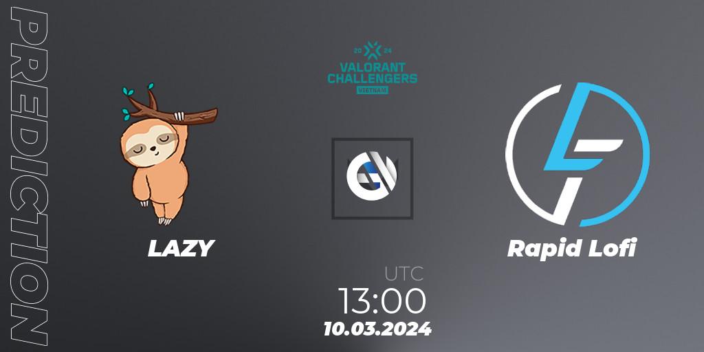 Prognose für das Spiel LAZY VS Rapid Lofi. 10.03.2024 at 13:00. VALORANT - VALORANT Challengers 2024 Vietnam: Split 1