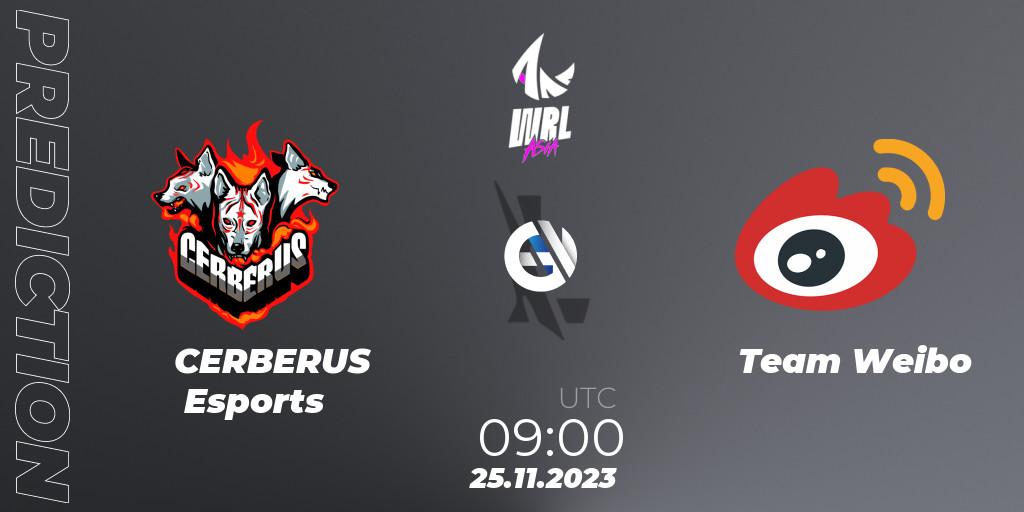 Prognose für das Spiel CERBERUS Esports VS Team Weibo. 25.11.2023 at 09:00. Wild Rift - WRL Asia 2023 - Season 2 - Regular Season