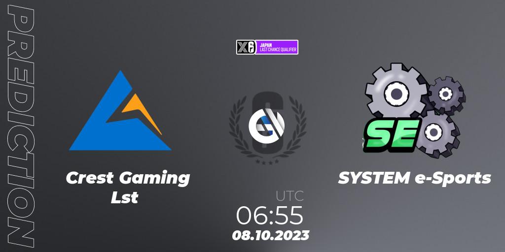 Prognose für das Spiel Crest Gaming Lst VS SYSTEM e-Sports. 08.10.2023 at 06:55. Rainbow Six - Japan League 2023 - Stage 2 - Last Chance Qualifiers