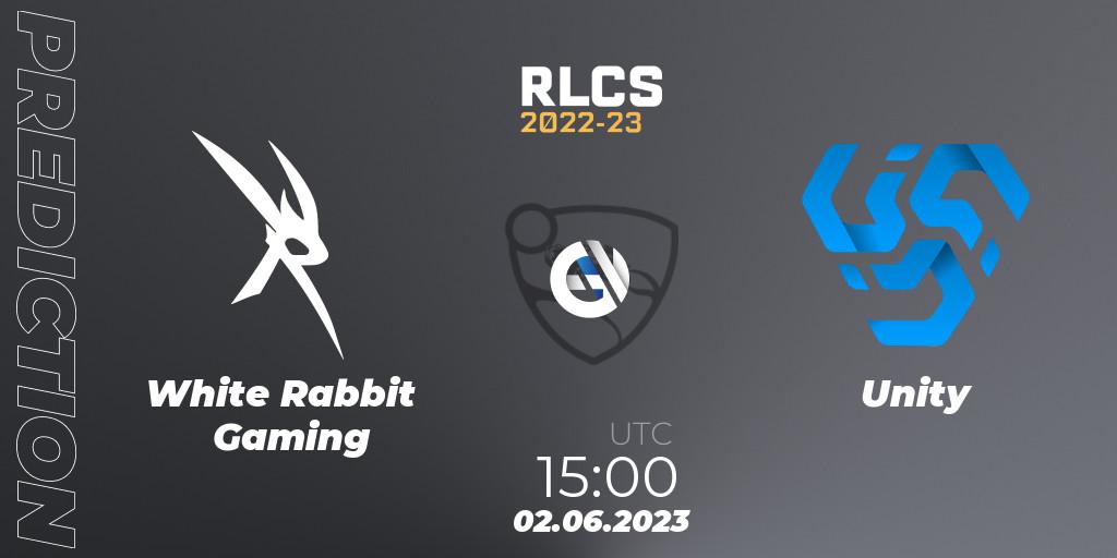 Prognose für das Spiel White Rabbit Gaming VS Unity. 09.06.23. Rocket League - RLCS 2022-23 - Spring: Sub-Saharan Africa Regional 3 - Spring Invitational