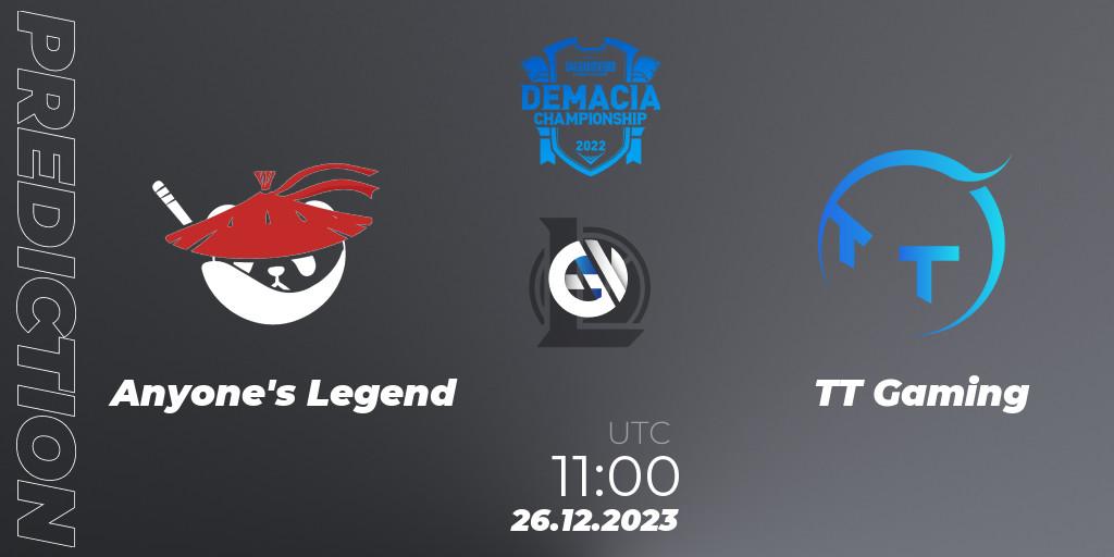 Prognose für das Spiel Anyone's Legend VS TT Gaming. 26.12.23. LoL - Demacia Cup 2023 Group Stage
