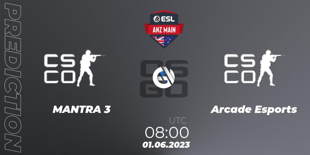 Prognose für das Spiel MANTRA 3 VS Arcade Esports. 01.06.23. CS2 (CS:GO) - ESL ANZ Main Season 16