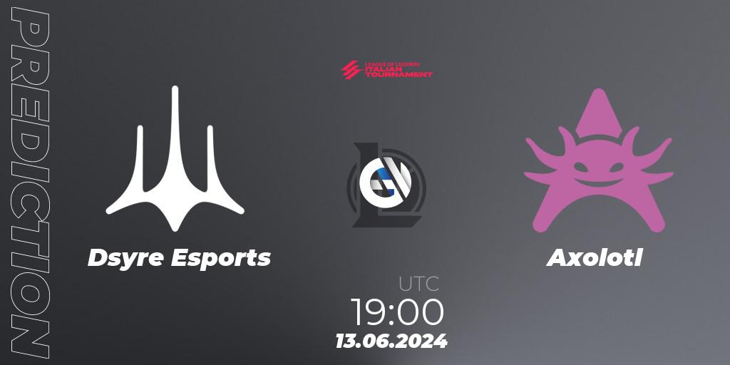 Prognose für das Spiel Dsyre Esports VS Axolotl. 13.06.2024 at 19:00. LoL - LoL Italian Tournament Summer 2024