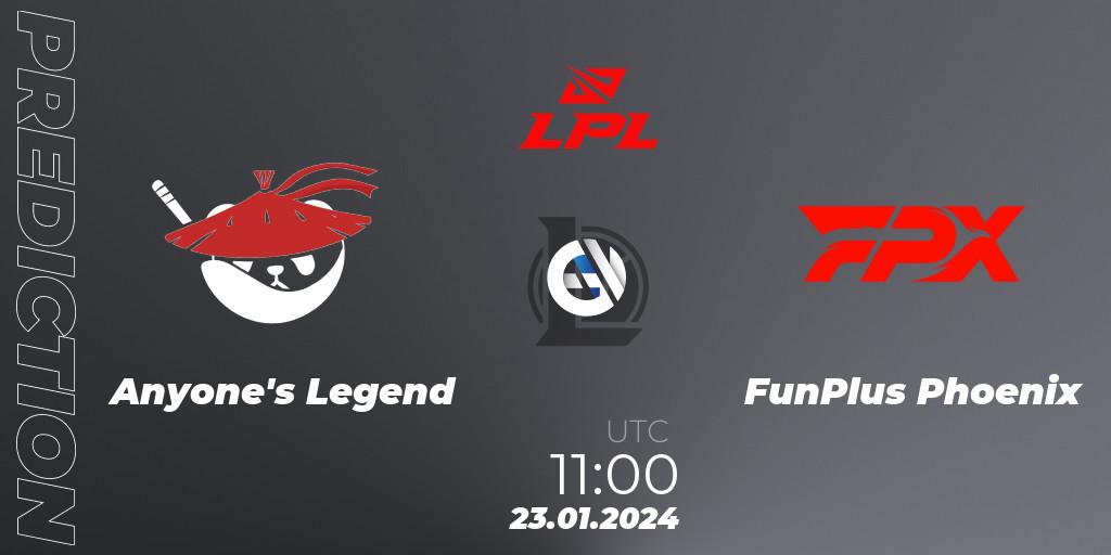 Prognose für das Spiel Anyone's Legend VS FunPlus Phoenix. 23.01.2024 at 11:00. LoL - LPL Spring 2024 - Group Stage