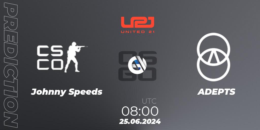 Prognose für das Spiel Johnny Speeds VS ADEPTS. 25.06.2024 at 08:00. Counter-Strike (CS2) - United21 Season 17