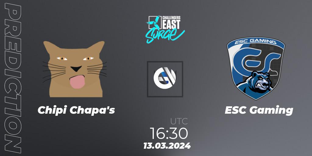 Prognose für das Spiel Chipi Chapa's VS ESC Gaming. 13.03.2024 at 17:15. VALORANT - VALORANT Challengers 2024 East: Surge Split 1