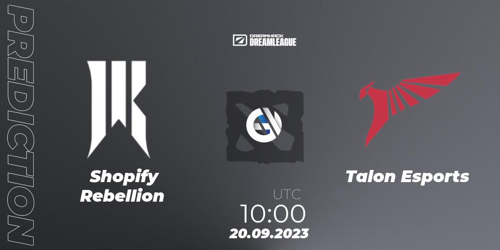 Prognose für das Spiel Shopify Rebellion VS Talon Esports. 20.09.2023 at 09:55. Dota 2 - DreamLeague Season 21