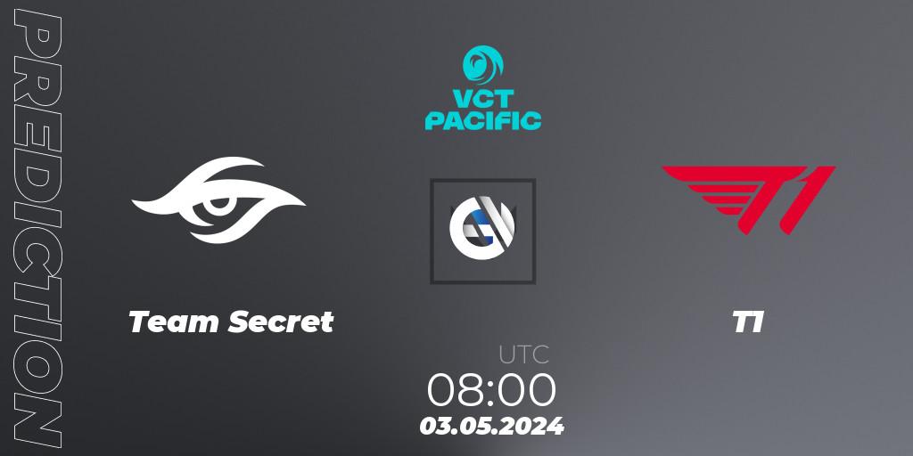 Prognose für das Spiel Team Secret VS T1. 03.05.2024 at 08:00. VALORANT - VCT 2024: Pacific League - Stage 1