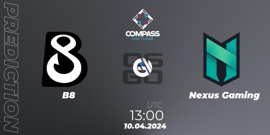 Prognose für das Spiel B8 VS Nexus Gaming. 10.04.24. CS2 (CS:GO) - YaLLa Compass Spring 2024
