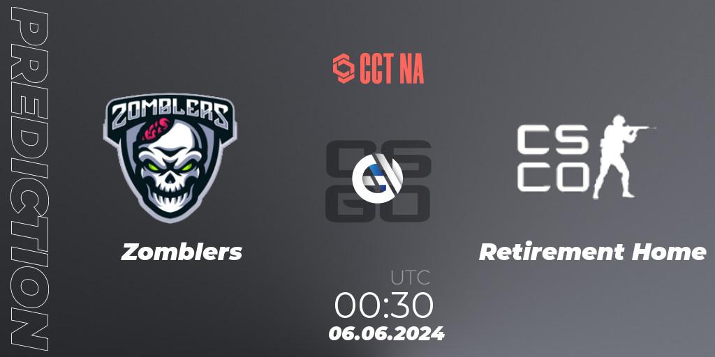Prognose für das Spiel Zomblers VS Retirement Home. 06.06.2024 at 02:30. Counter-Strike (CS2) - CCT Season 2 North American Series #1