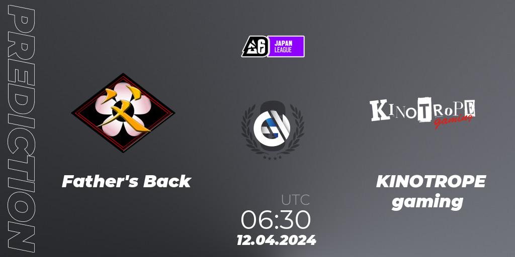 Prognose für das Spiel Father's Back VS KINOTROPE gaming. 12.04.2024 at 06:30. Rainbow Six - Japan League 2024 - Stage 1