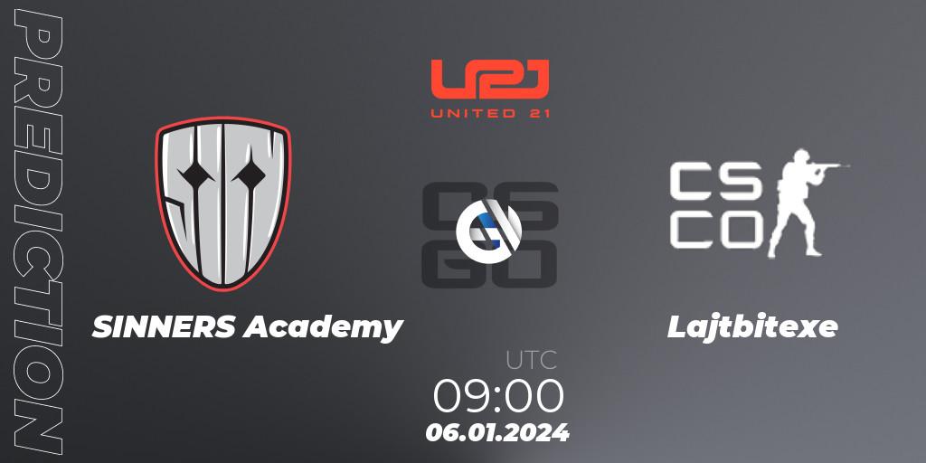 Prognose für das Spiel SINNERS Academy VS Lajtbitexe. 06.01.2024 at 09:10. Counter-Strike (CS2) - United21 Season 10
