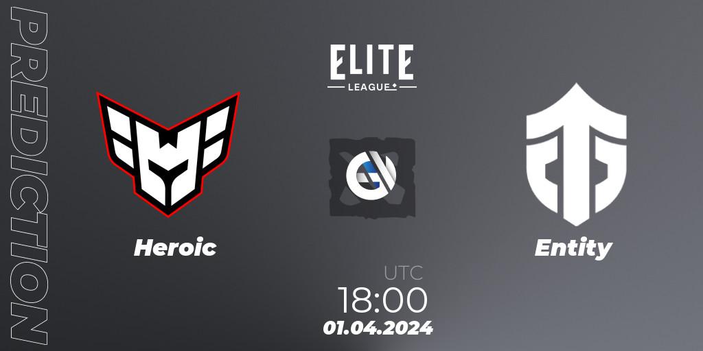 Prognose für das Spiel Heroic VS Entity. 01.04.2024 at 17:30. Dota 2 - Elite League: Swiss Stage