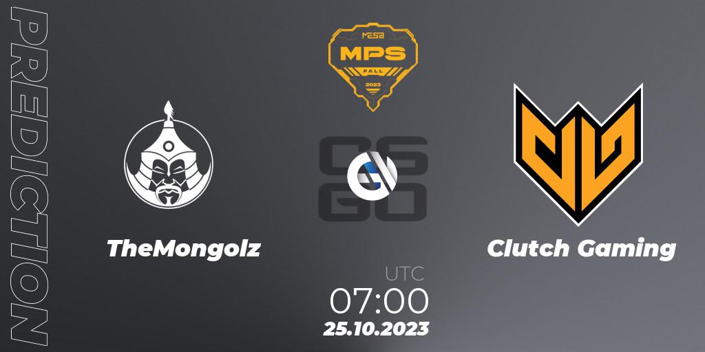 Prognose für das Spiel TheMongolz VS Clutch Gaming. 25.10.2023 at 08:00. Counter-Strike (CS2) - MESA Pro Series: Fall 2023