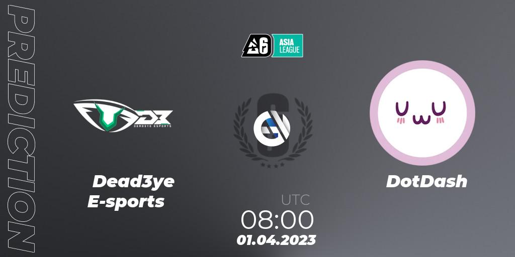 Prognose für das Spiel Dead3ye E-sports VS DotDash. 01.04.2023 at 08:00. Rainbow Six - South Asia League 2023 - Stage 1