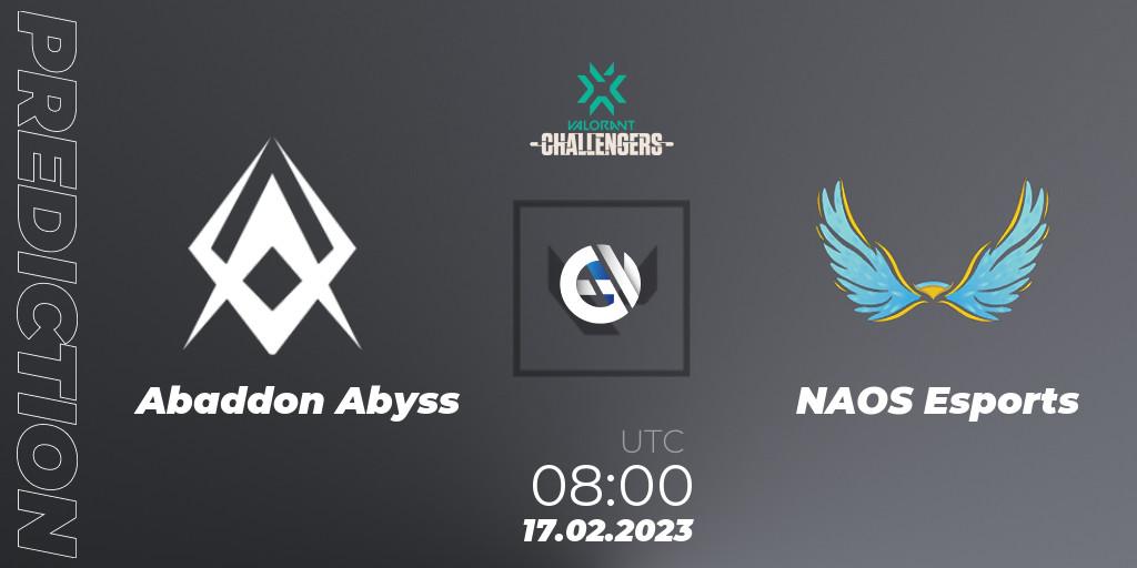Prognose für das Spiel Abaddon Abyss VS NAOS Esports. 17.02.23. VALORANT - VALORANT Challengers 2023: Philippines Split 1