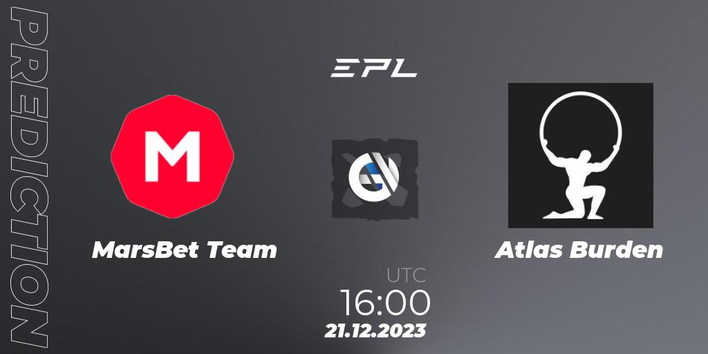 Prognose für das Spiel MarsBet Team VS Atlas Burden. 21.12.2023 at 16:00. Dota 2 - European Pro League Season 15