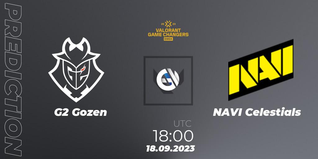 Prognose für das Spiel G2 Gozen VS NAVI Celestials. 18.09.2023 at 18:00. VALORANT - VCT 2023: Game Changers EMEA Stage 3 - Group Stage