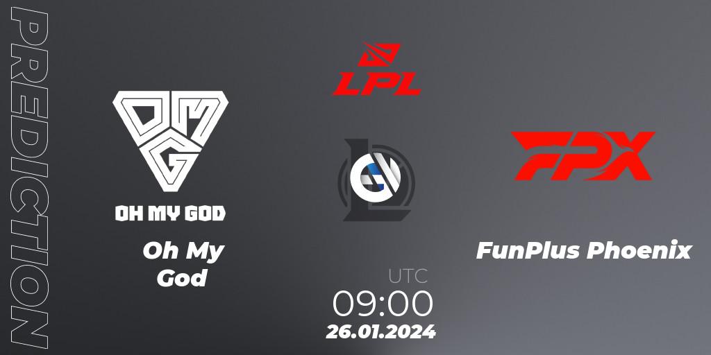 Prognose für das Spiel Oh My God VS FunPlus Phoenix. 26.01.2024 at 09:00. LoL - LPL Spring 2024 - Group Stage
