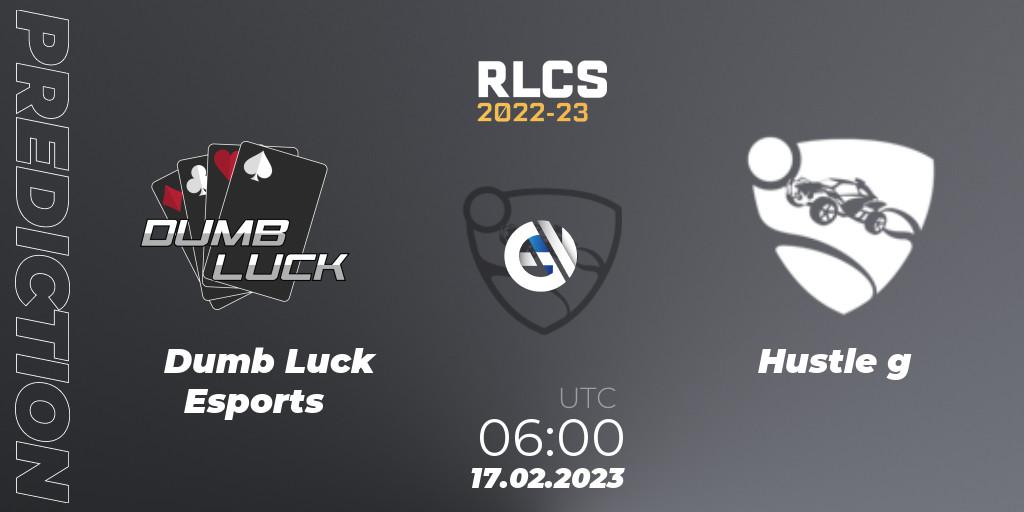 Prognose für das Spiel Dumb Luck Esports VS Hustle g. 17.02.2023 at 06:00. Rocket League - RLCS 2022-23 - Winter: Oceania Regional 2 - Winter Cup