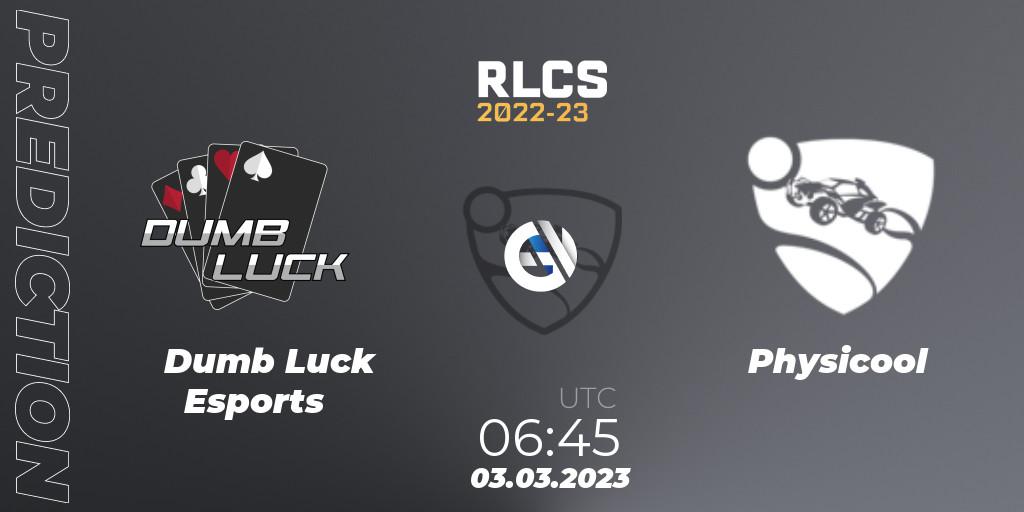 Prognose für das Spiel Dumb Luck Esports VS Physicool. 03.03.2023 at 06:45. Rocket League - RLCS 2022-23 - Winter: Oceania Regional 3 - Winter Invitational