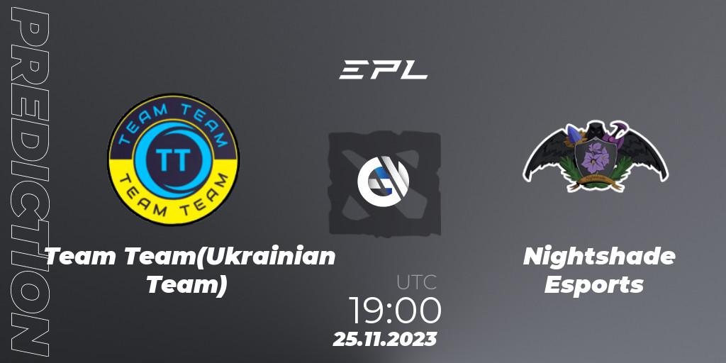 Prognose für das Spiel Team Team(Ukrainian Team) VS Nightshade Esports. 24.11.2023 at 10:05. Dota 2 - European Pro League Season 14