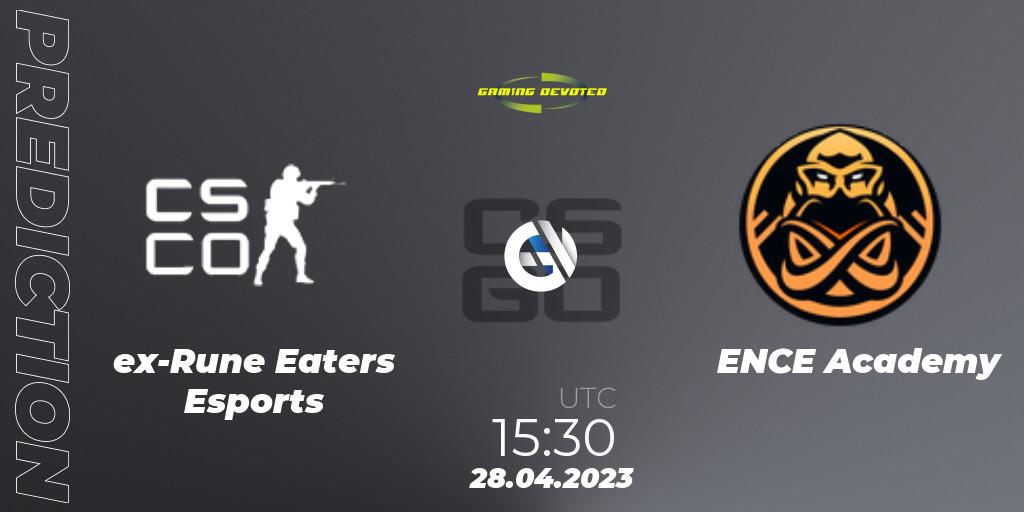 Prognose für das Spiel ex-Rune Eaters Esports VS ENCE Academy. 28.04.2023 at 15:30. Counter-Strike (CS2) - Gaming Devoted Become The Best: Series #1