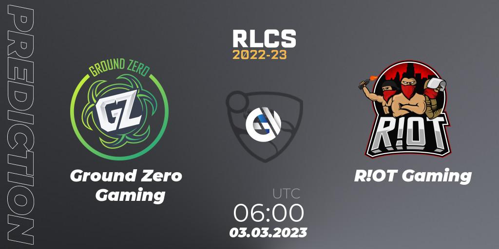 Prognose für das Spiel Ground Zero Gaming VS R!OT Gaming. 03.03.2023 at 06:00. Rocket League - RLCS 2022-23 - Winter: Oceania Regional 3 - Winter Invitational